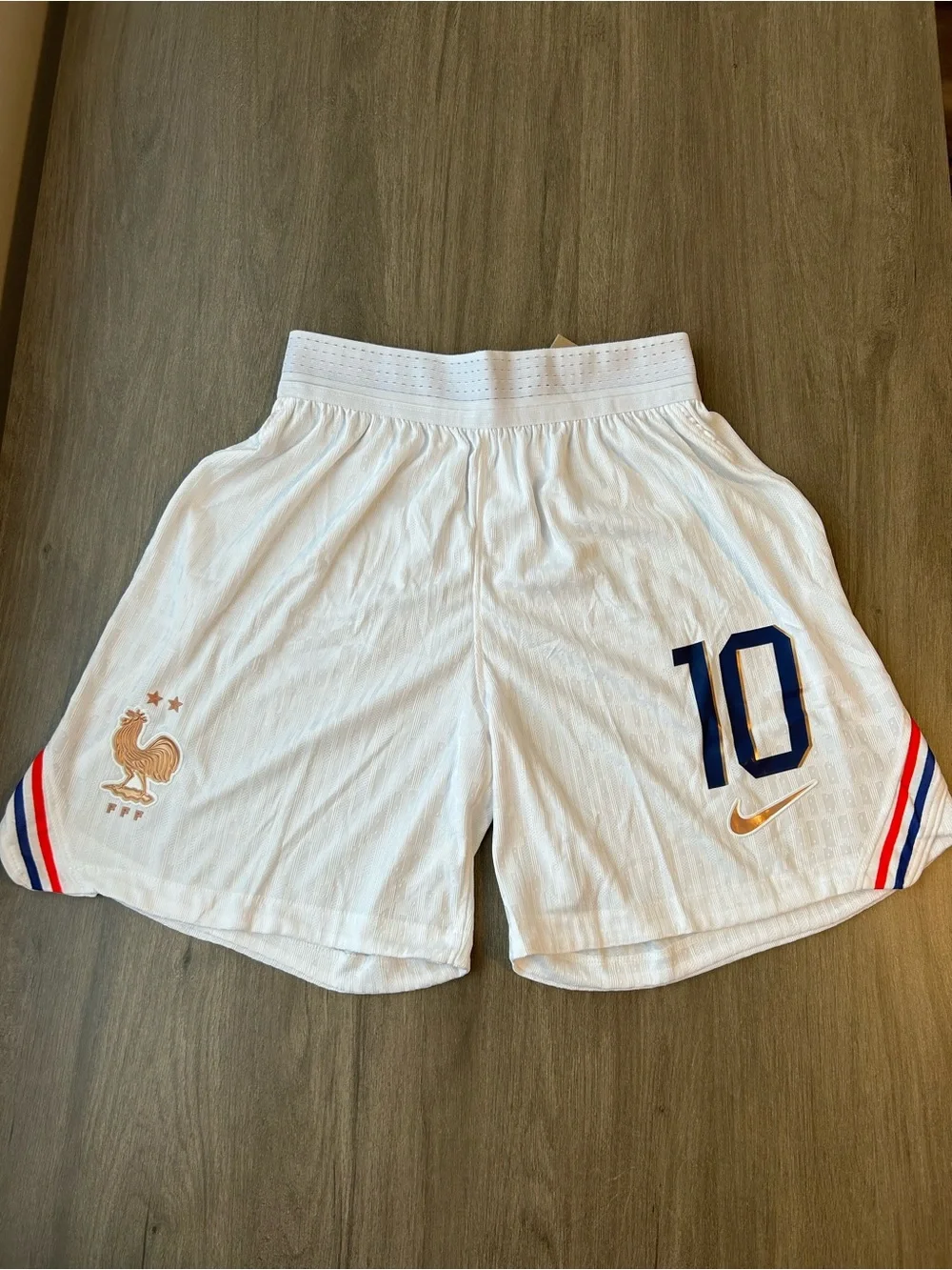 Nike Men’s White Soccer Shorts with Navy and Gold Accents (No. 10)